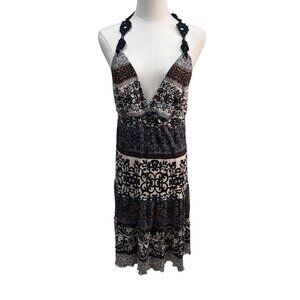 EUC Hale Bob Boho Print Halter Dress Crochet Back Detail Size Large